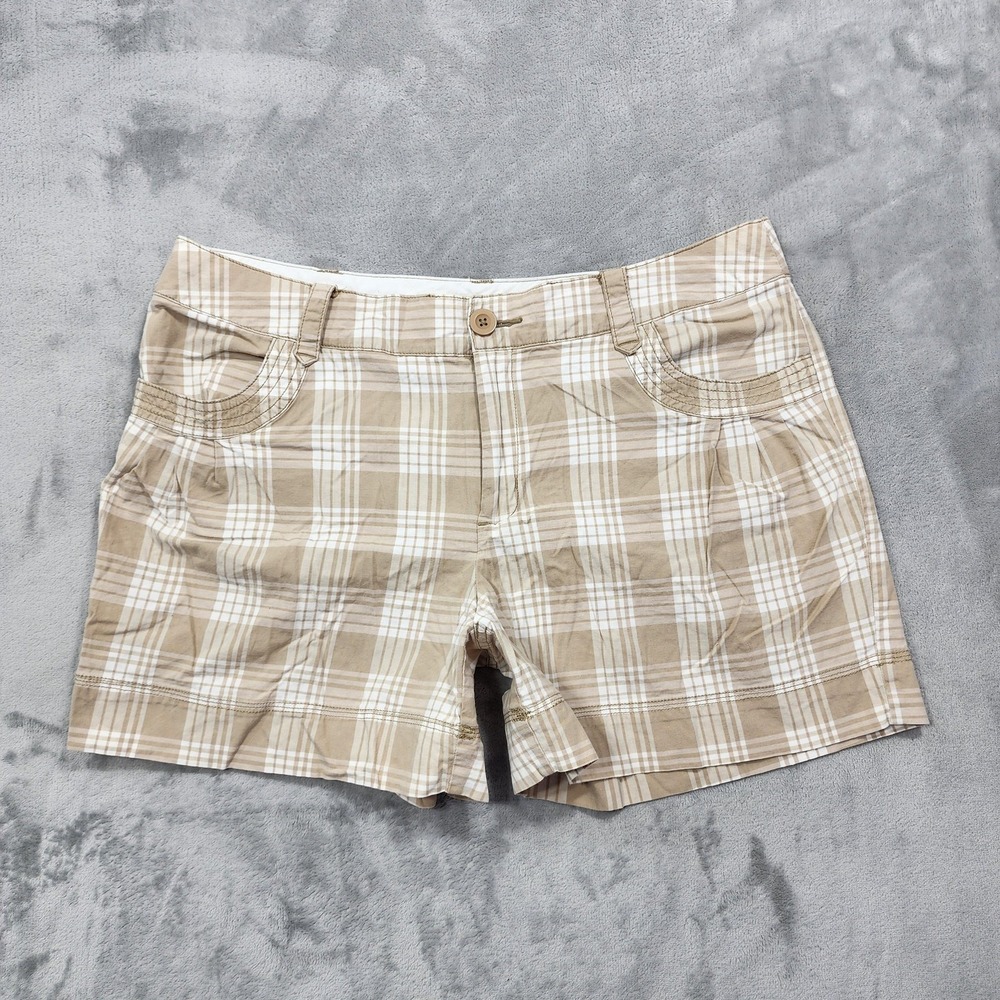 Vintage St. John's Bay Shorts Womens 14 Beige Plaid Chino Stretch Cotton Casual